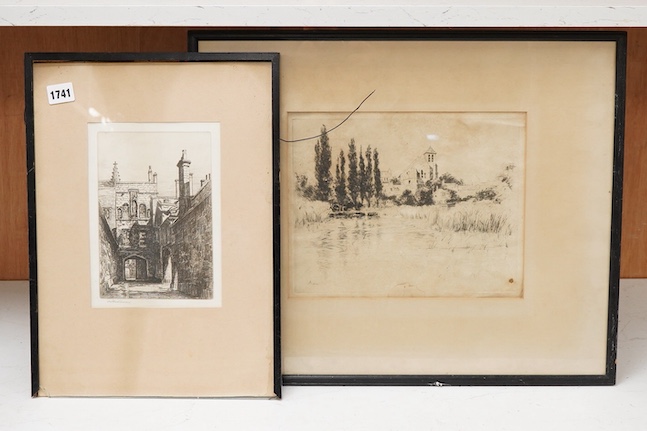 Arthur Spencer (early 20th. C), New College Gateway, Oxford, signed in pencil, etching together with another, 23 x 29cm